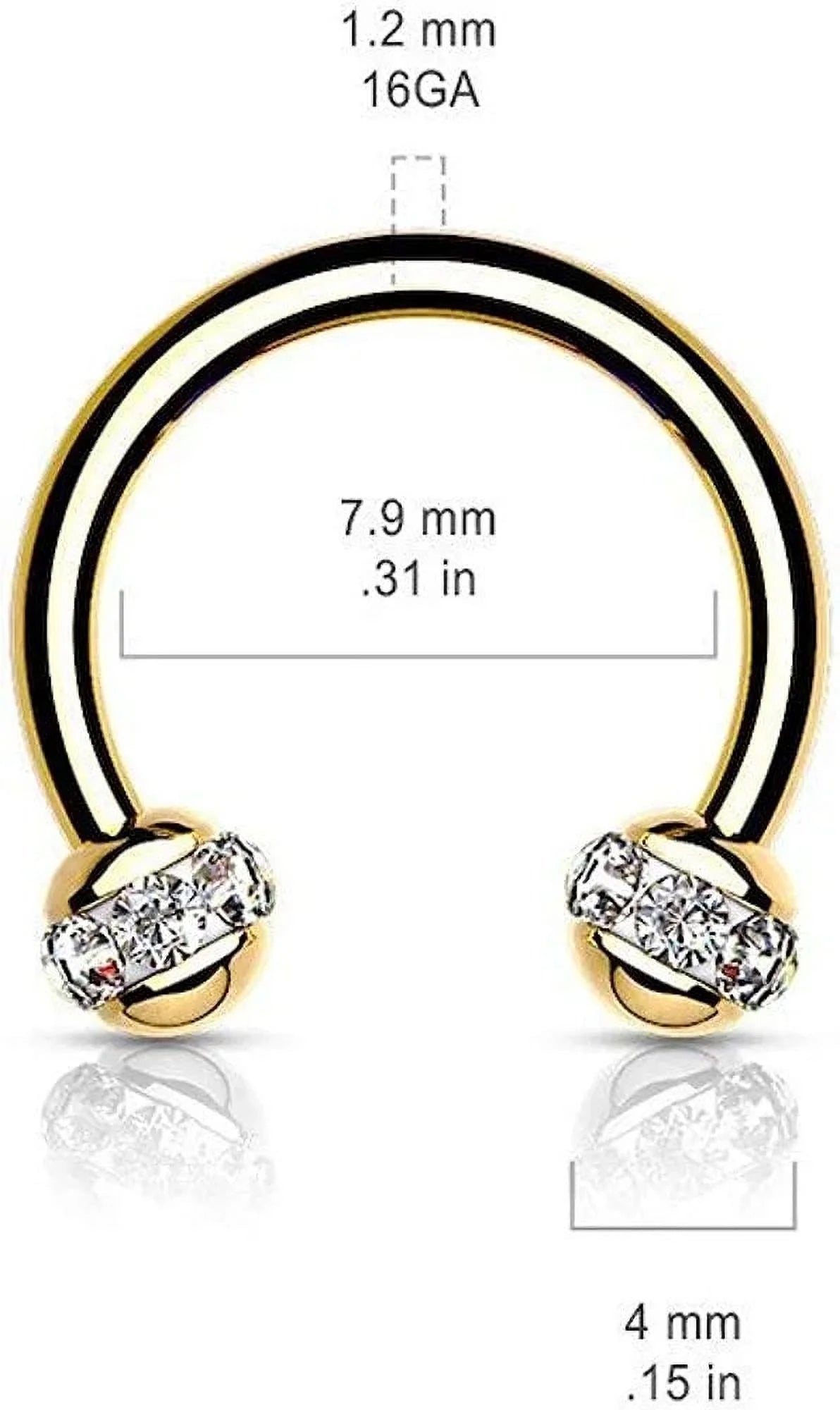 Crystals Paved Around ball Gold PVD Over 316L Surgical Steel Horseshoes for Ear Cartilage, Daith, Eyebrow, Nose Septum and More Horseshoe Skin Metals