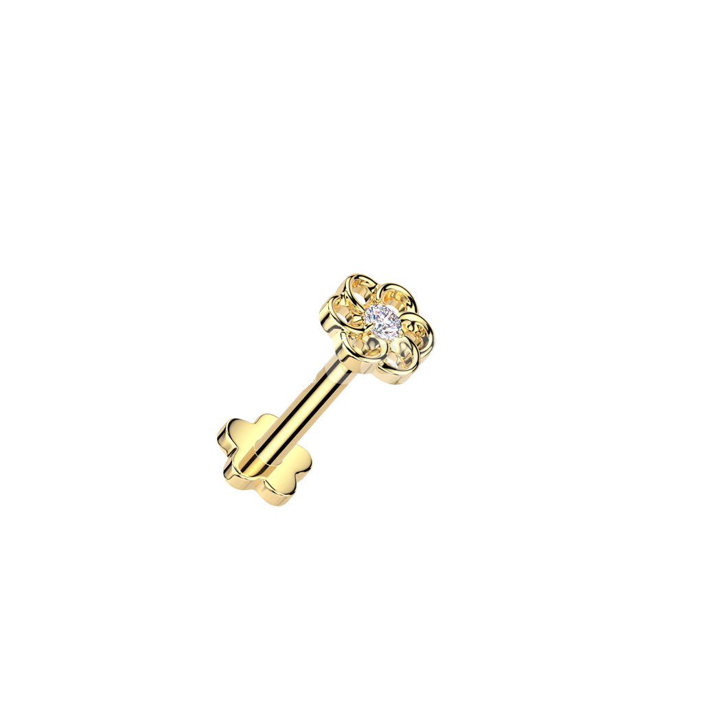 Implant Grade Titanium Threadless Push In Flower Base Flat Back Stud With Small Hollow Swirl Flower CZ Center Top Stud Skin Metals