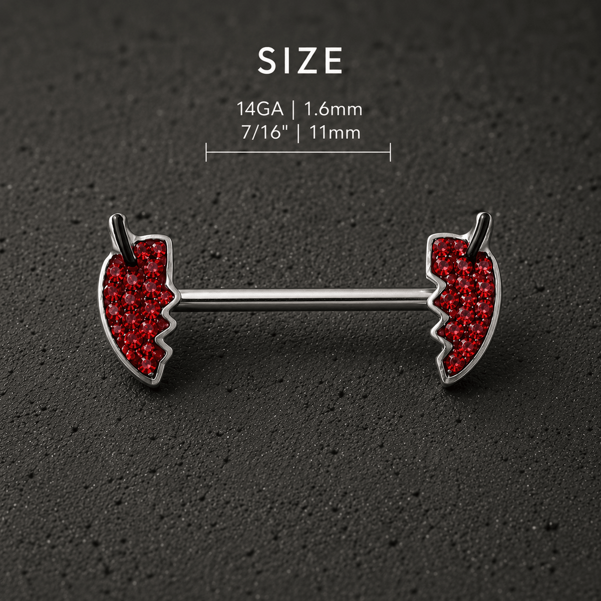 Devil's heart body jewelry barbell pair close-up