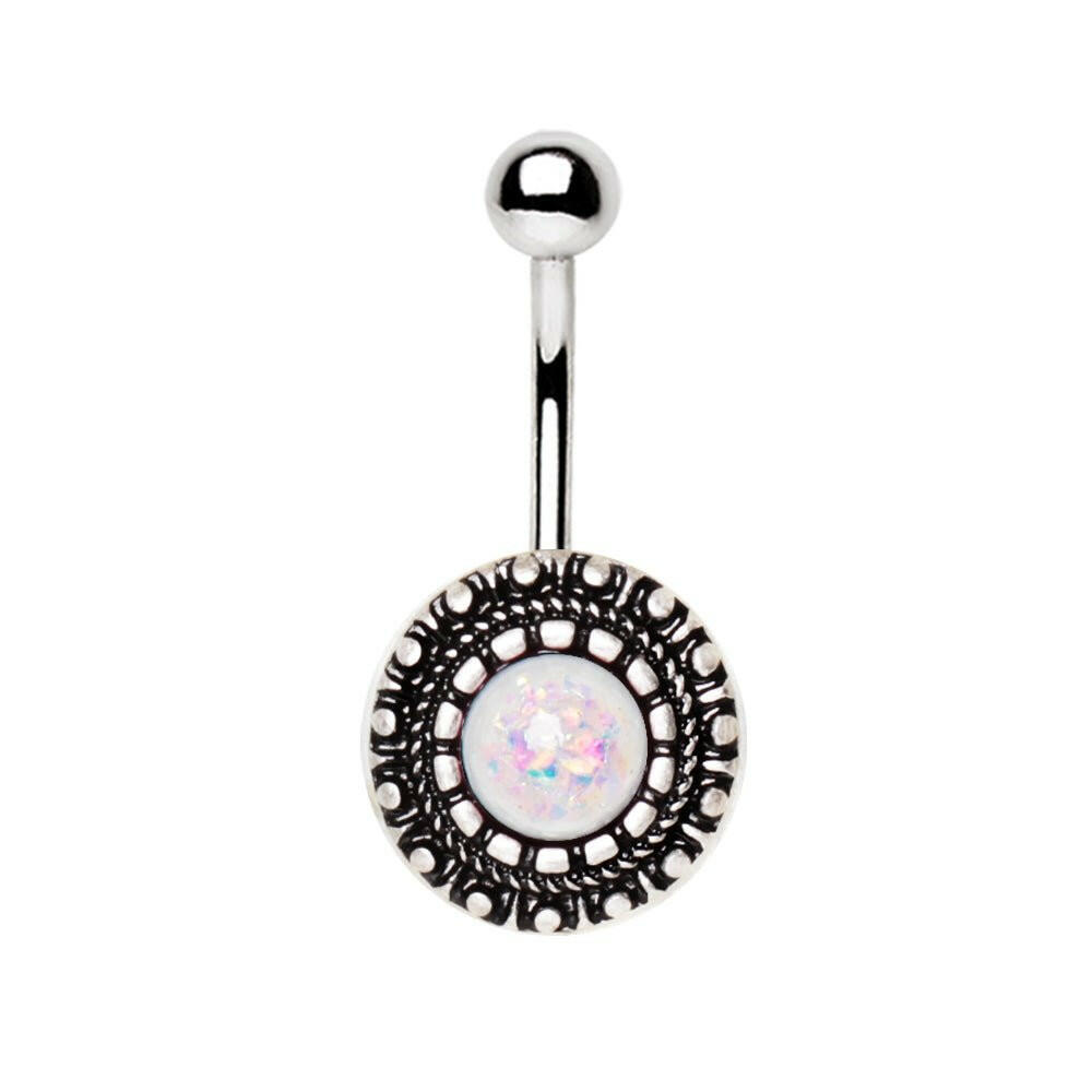 Stainless Steel Antique Ornate Navel Ring with Synthetic Opal Navel Ring Impulse Piercings