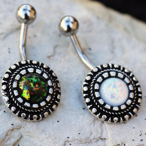 Stainless Steel Antique Ornate Navel Ring with Synthetic Opal Navel Ring Impulse Piercings