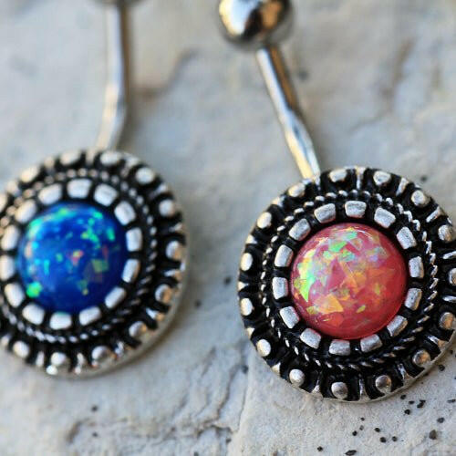Stainless Steel Antique Ornate Navel Ring with Synthetic Opal Navel Ring Impulse Piercings