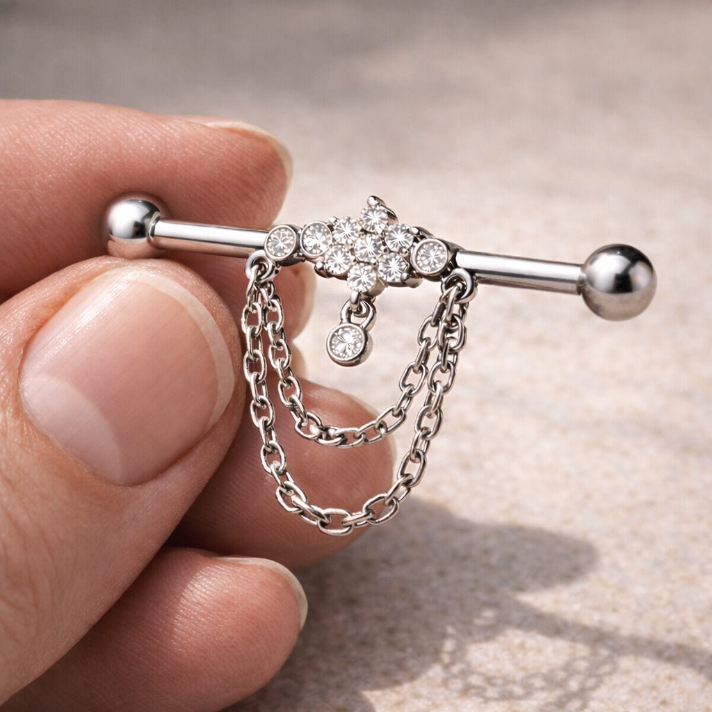 316L Stainless Steel Double Chained Jeweled Tiara Industrial Barbell