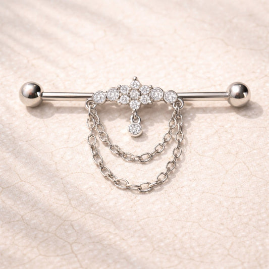 316L Stainless Steel Double Chained Jeweled Tiara Industrial Barbell