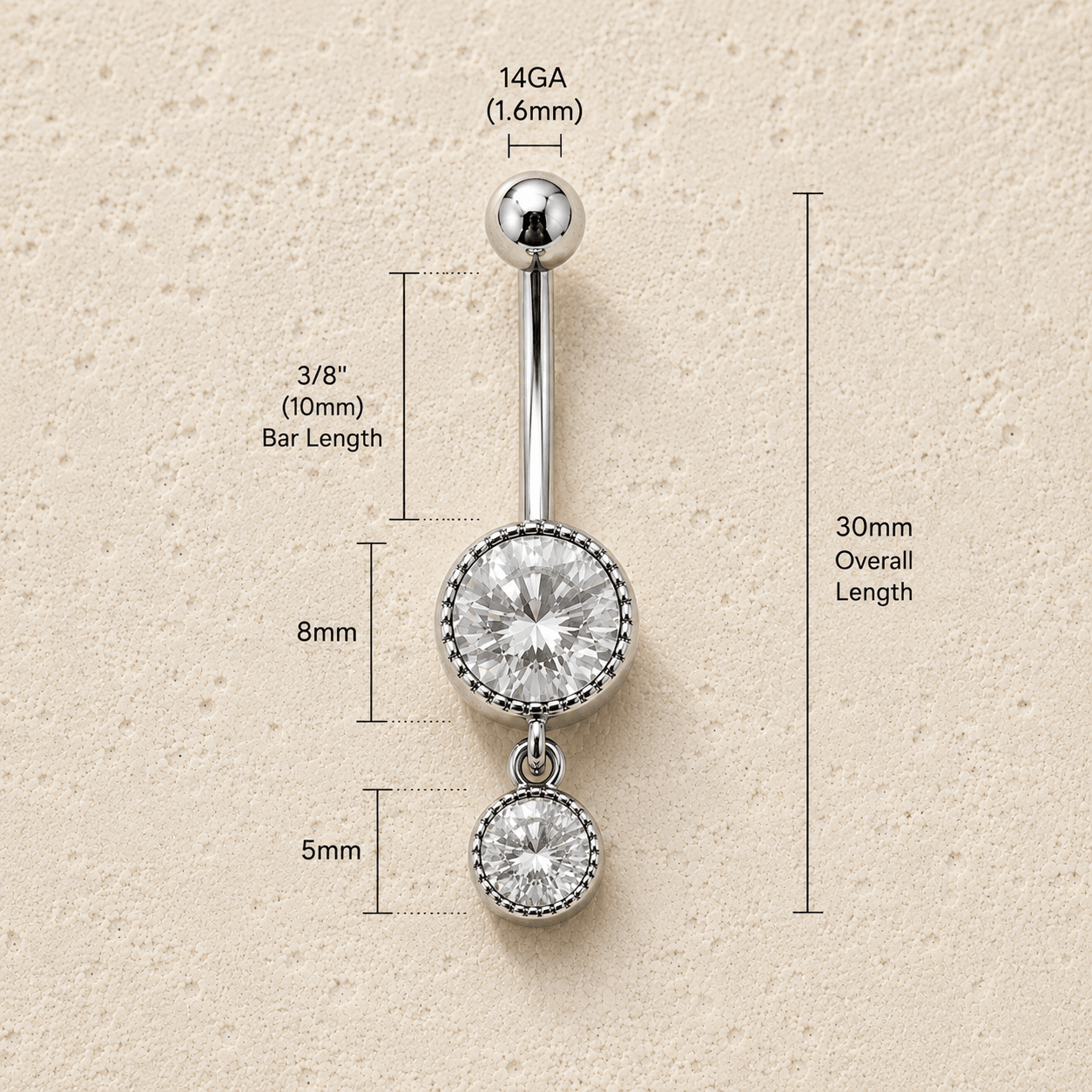 316L Stainless Steel Double CZ Dangle Navel Ring 14G Jewelry