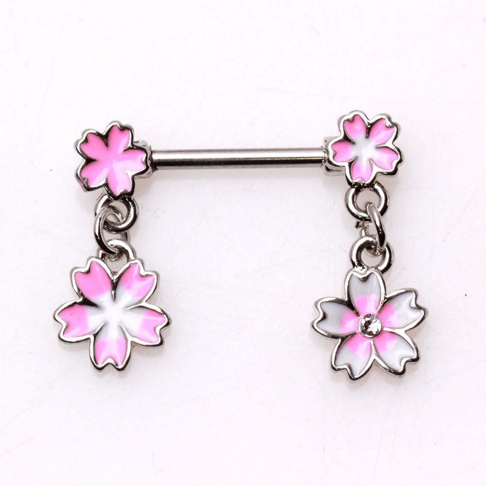 316L Stainless Steel Hanging Pink Flower Nipple Bar — Sold as Pair