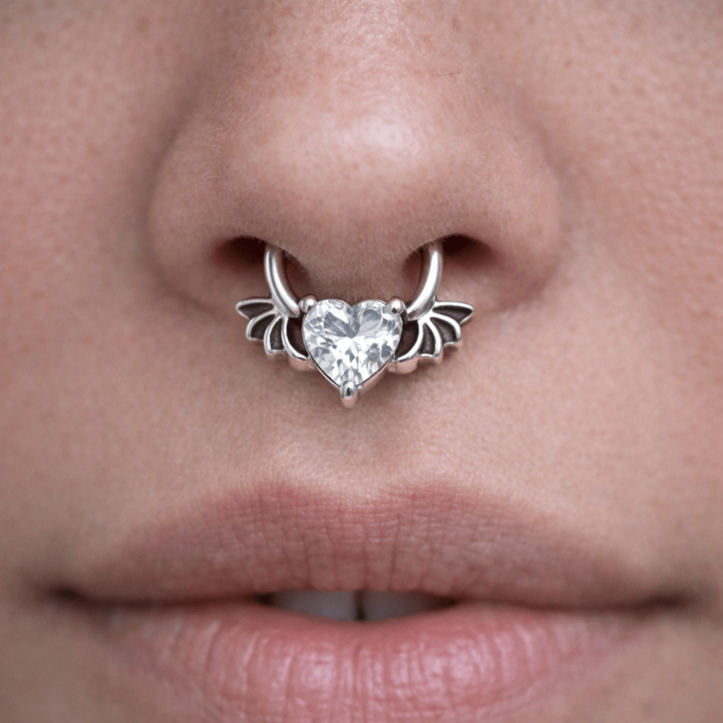 316L Stainless Steel Heart CZ Bat Clicker Ring