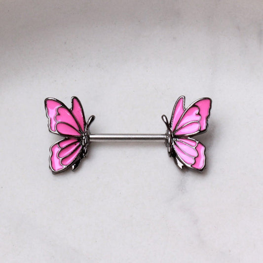 316L Stainless Steel Pink Butterfly Nipple Bar — Sold as Pair