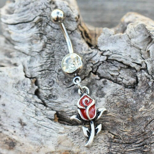 Stainless Steel Red Rose Dangle Navel Ring Navel Ring Impulse Piercings