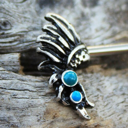 Stainless Steel Turquoise Feather Headdress Nipple Bar Nipple Ring Impulse Piercings