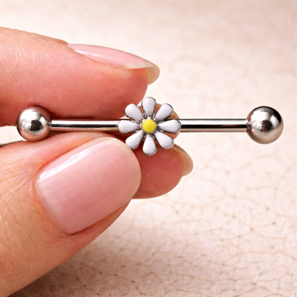 316L Stainless Steel White Daisy Industrial Barbell - Skin Metals