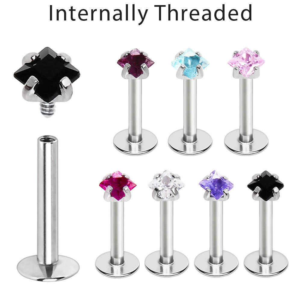 316L Surgical Steel Internally Threaded Labret with Prong Set Square Gem Top
