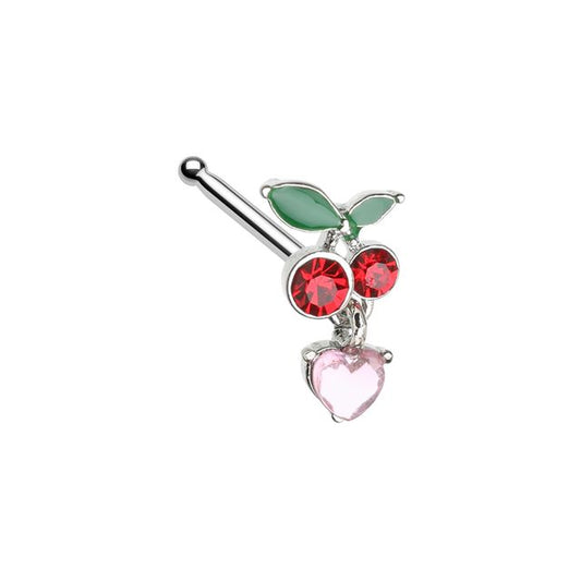 Cherry Heart Dangle Gem Nose Stud Ring Nose Ring Skin Metals