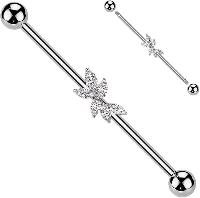 Surgical Steel Marquise CZ Vine Industrial Barbell Industrial Barbell Skin Metals