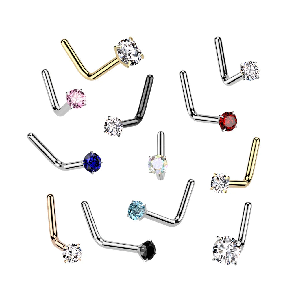 Implant Grade Titanium L Bend Nose Stud With Round Prong Set CZ Nose Ring Skin Metals