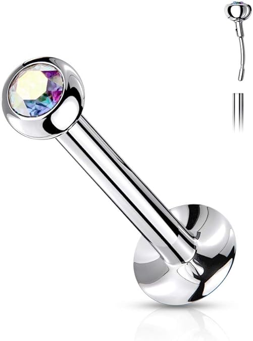Push In Jeweled Ball Top 316L Surgical Steel Threadless Labret, Monroe, Flat Back Stud Labret Skin Metals