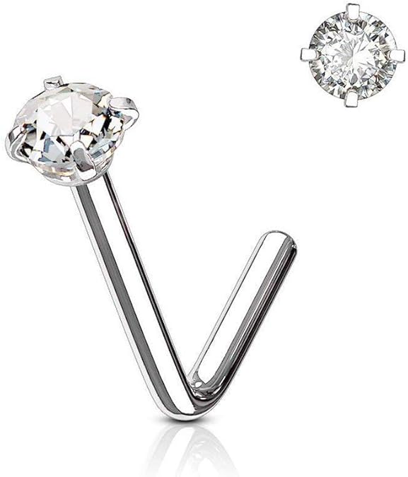 L Bend Prong Set CZ 316L Surgical Steel Nose Stud Rings Nose Ring Skin Metals