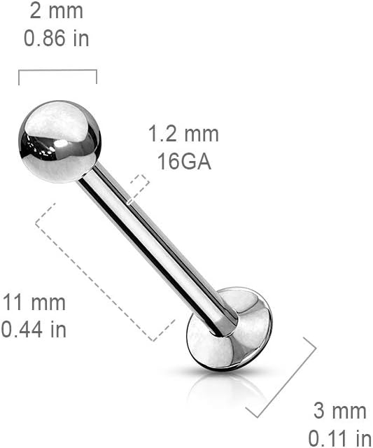 Push In Top Ball 316L Surgical Steel Threadless Labret, Monroe, Flat Back Stud With 3mm Convex Base Labret Skin Metals