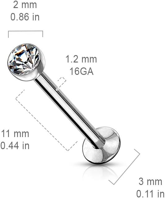 Push In Jeweled Ball Top 316L Surgical Steel Threadless Labret, Monroe, Flat Back Stud Labret Skin Metals