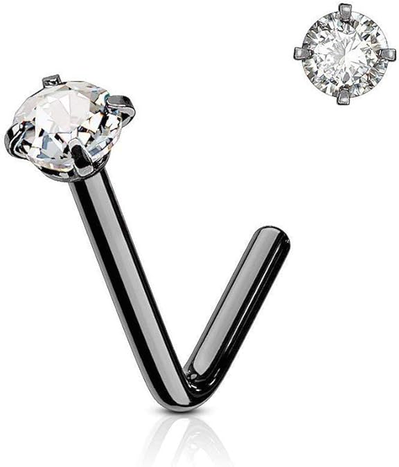 L Bend Prong Set CZ 316L Surgical Steel Nose Stud Rings Nose Ring Skin Metals