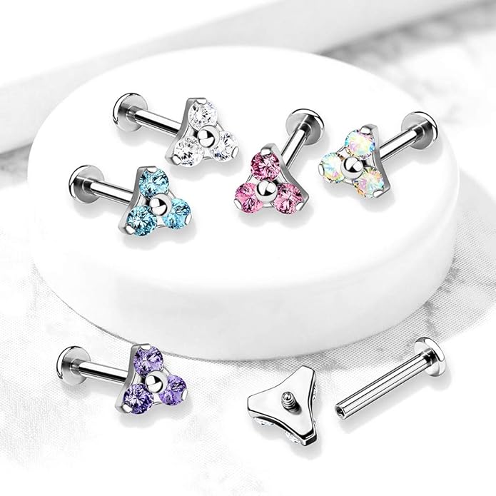 CZ Triangle Prong Set Internally Threaded Top 316L Surgical Steel Labret, Flat Back Studs Labret Skin Metals