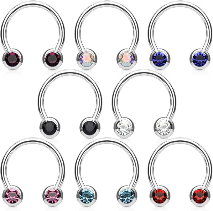 Front Facing Jewel Set Balls IP Over 316L Surgical Steel Circular/Horseshoes For Nipple, Septum and Ear Cartilage Piercings Horseshoe Skin Metals