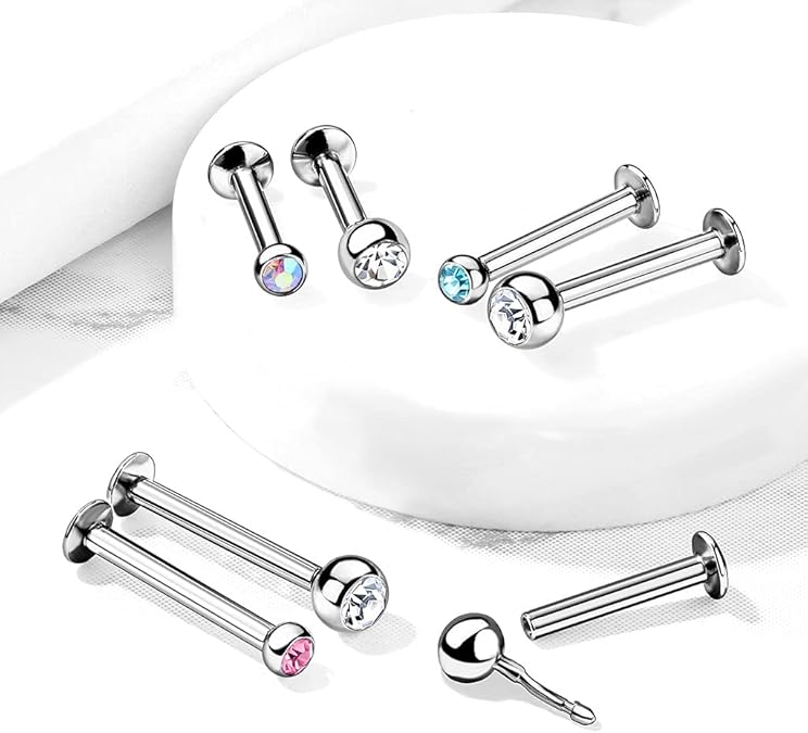 Push In Jeweled Ball Top 316L Surgical Steel Threadless Labret, Monroe, Flat Back Stud Labret Skin Metals