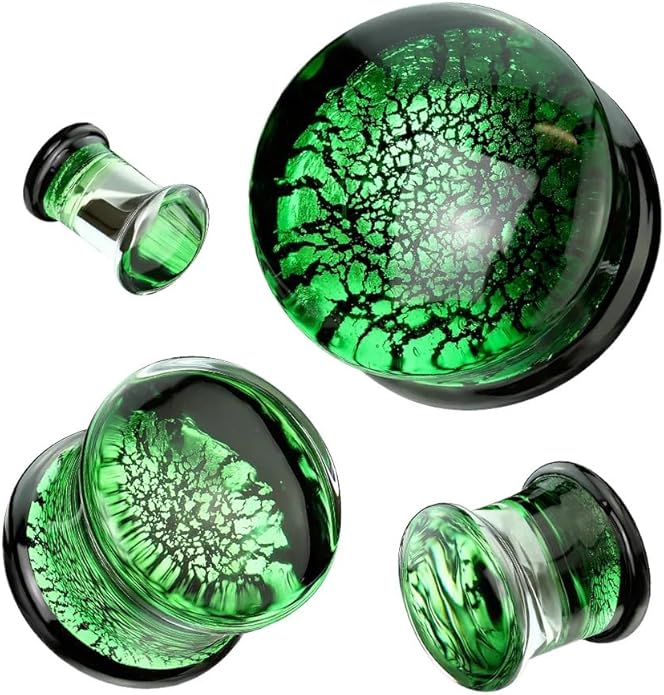Green Crackle Double Flare Glass Plug Plugs Skin Metals