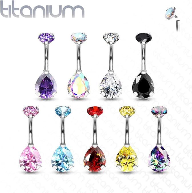 Implant Grade Titanium Internally Threaded Round Top CZ With Prong Set Pear CZ Belly Button Ring Belly Button Ring Skin Metals