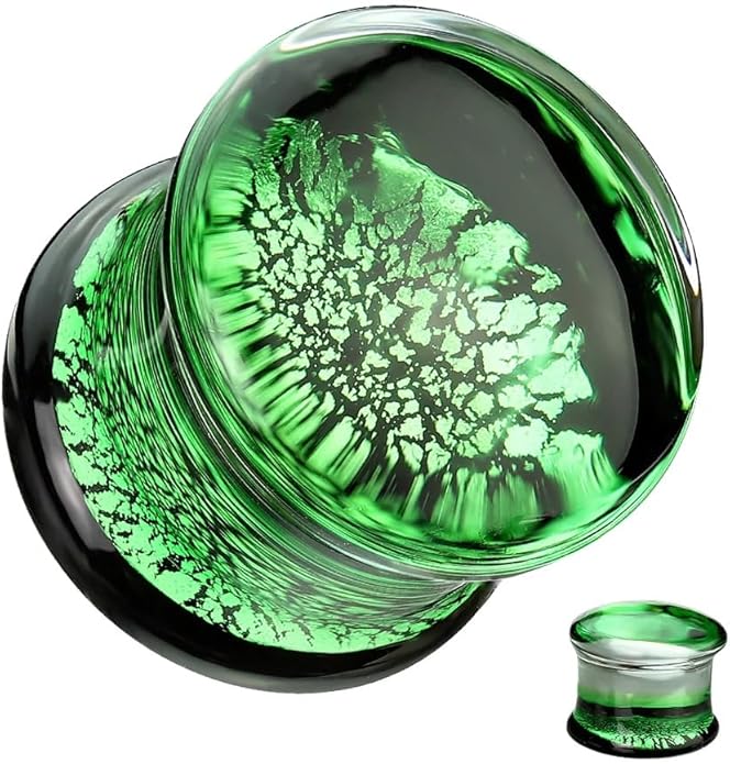 Green Crackle Double Flare Glass Plug Plugs Skin Metals 2GA (6mm)