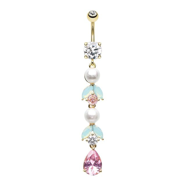 Golden Pastel Pearl Leaf Drop Bling Belly Button Ring Navel Ring Skin Metals