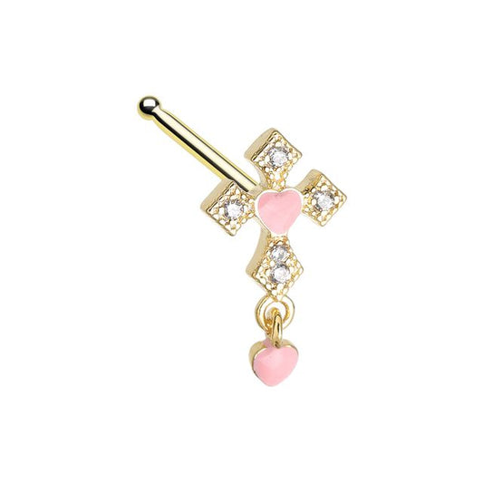 Golden Heart Cross Dangle Gem Nose Stud Ring Nose Ring Skin Metals