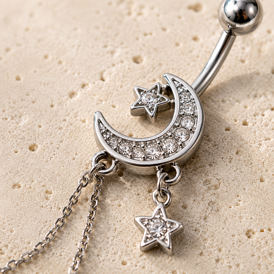 Stainless Steel Moon and Stars Dangle Navel Ring - Skin Metals