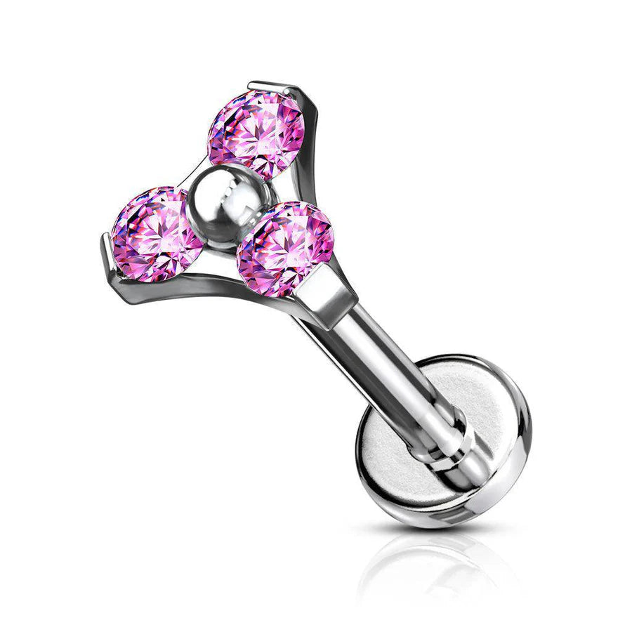 CZ Triangle Prong Set Internally Threaded Top 316L Surgical Steel Labret, Flat Back Studs Labret Skin Metals