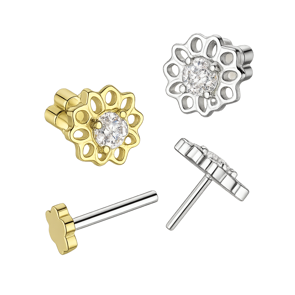 Implant Grade Titanium Threadless Push In Flower Base Flat Back Stud With Hollow Floral CZ Center Top Stud Skin Metals