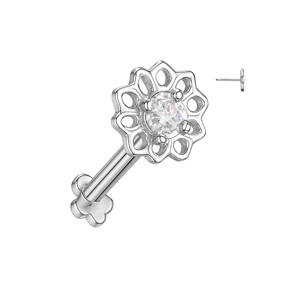 Implant Grade Titanium Threadless Push In Flower Base Flat Back Stud With Hollow Floral CZ Center Top Stud Skin Metals