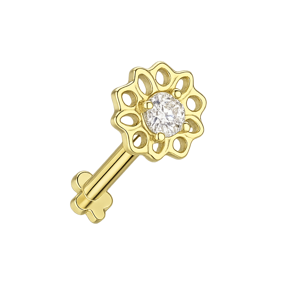 Implant Grade Titanium Threadless Push In Flower Base Flat Back Stud With Hollow Floral CZ Center Top Stud Skin Metals