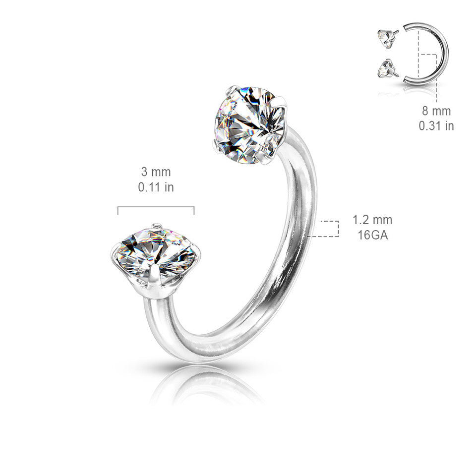 Prong Set Round CZ Internally Threaded 316L Surgical Steel Circular Barbell/Horseshoe Horseshoe Skin Metals