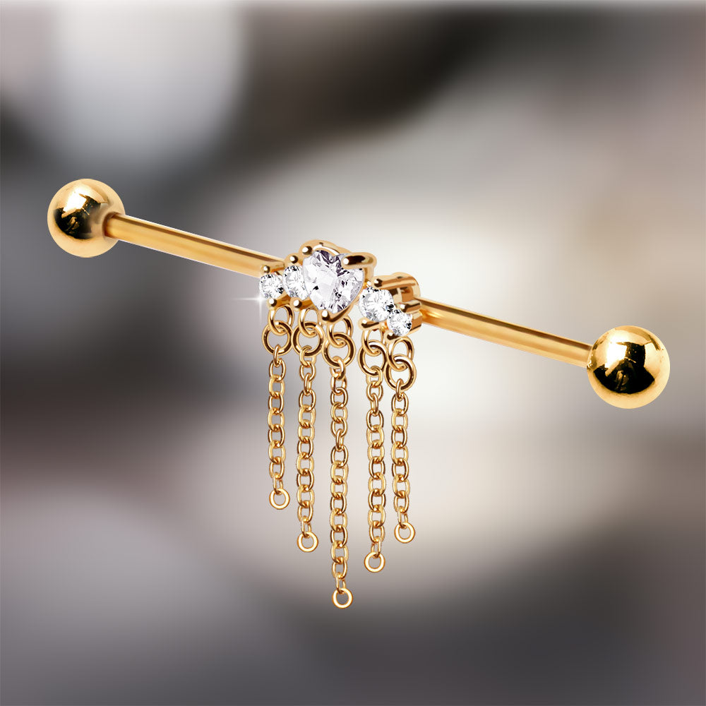 Gold Plated Jewel Accents and Dangling Chains Industrial Barbell Industrial Barbell Skin Metals