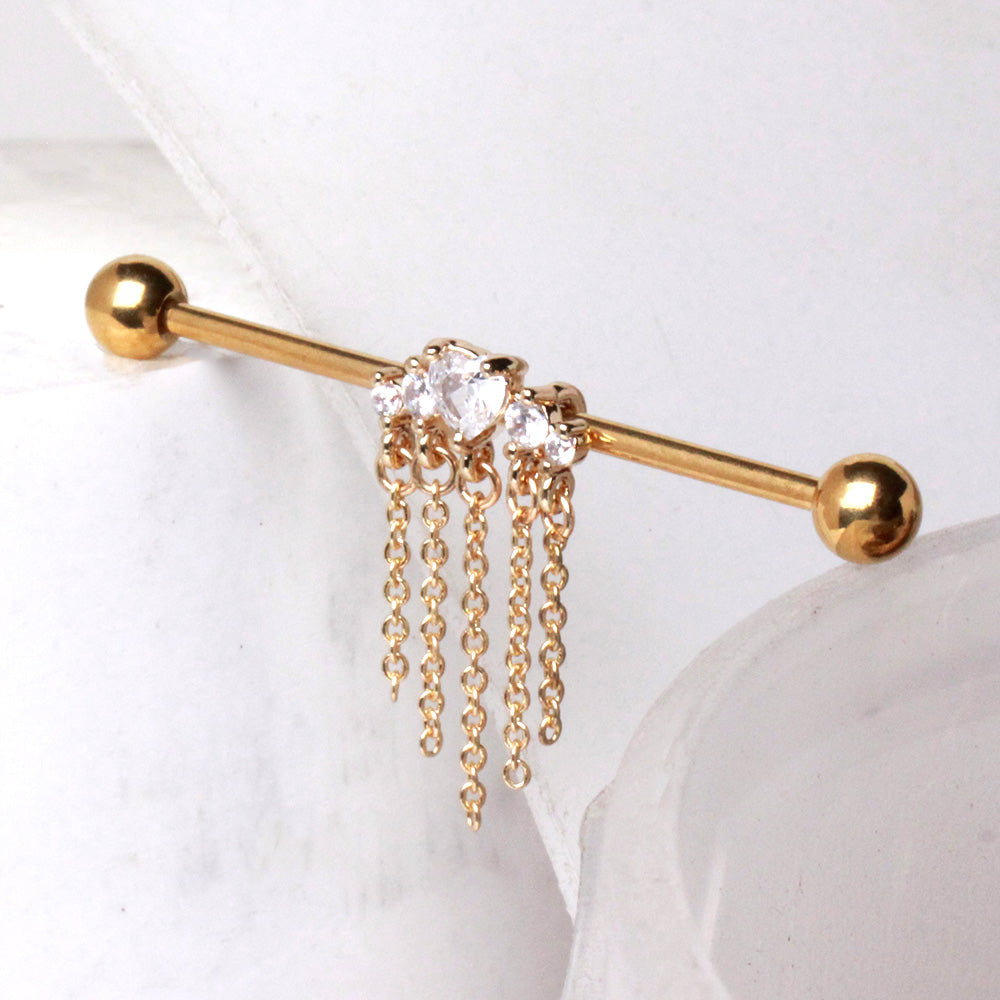 Gold Plated Jewel Accents and Dangling Chains Industrial Barbell Industrial Barbell Skin Metals