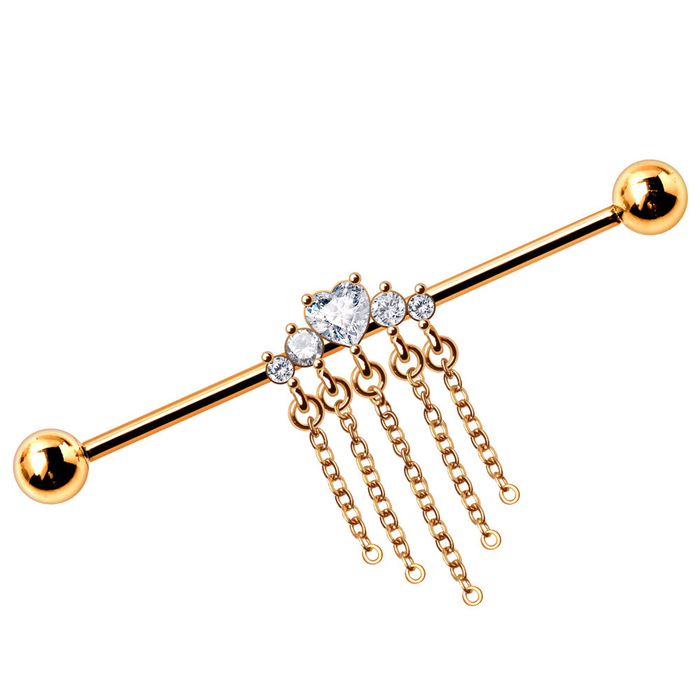 Gold Plated Jewel Accents and Dangling Chains Industrial Barbell Industrial Barbell Skin Metals