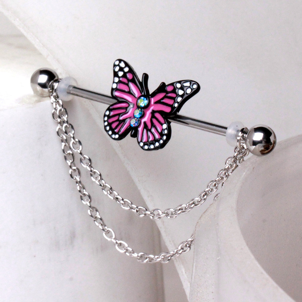 316L Stainless Steel Double Chained Pink Butterfly Industrial Barbell Industrial Barbell Skin Metals