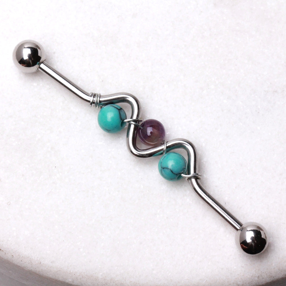 316L Stainless Steel Synthetic Turquoise & Amethyst Wave Industrial Barbell Industrial Barbell Skin Metals