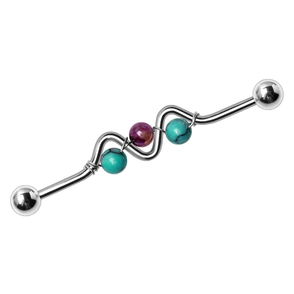 316L Stainless Steel Synthetic Turquoise & Amethyst Wave Industrial Barbell Industrial Barbell Skin Metals