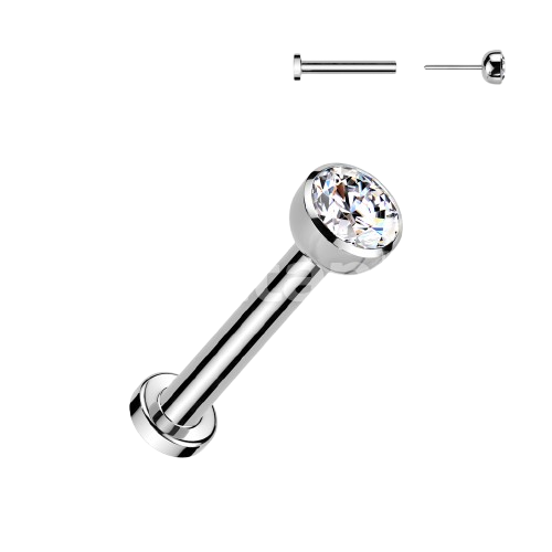 Implant Grade Titanium Threadless Push in Labret With Bezel Set CZ Ball Top Labret Skin Metals