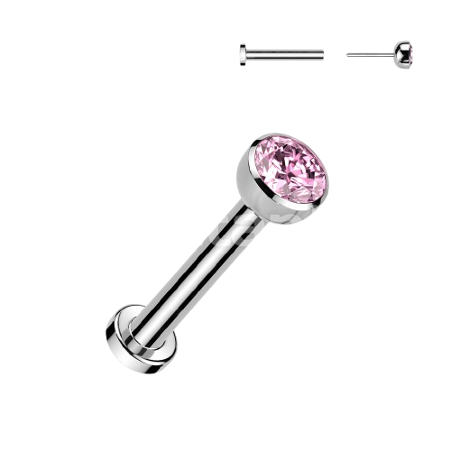 Implant Grade Titanium Threadless Push in Labret With Bezel Set CZ Ball Top Labret Skin Metals
