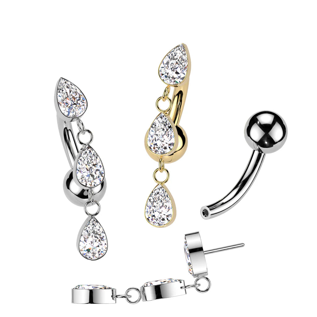 Implant Grade Titanium Threadless Push In Belly Button Ring With 3 Teardrop CZ Bezel Set Dangle Top Belly Button Ring Skin Metals