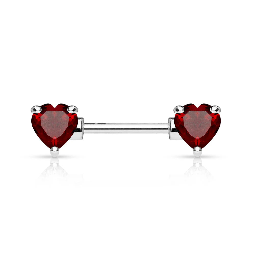 Double Front Facing Heart CZ Prong Set 316L Surgical Steel Nipple Bar Nipple Barbell Skin Metals