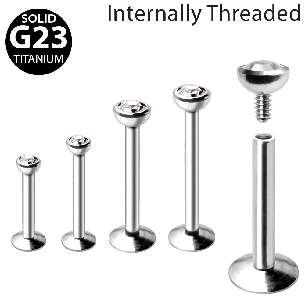 Internally Threaded Titanium Labret with Clear CZ Flat Top Labret Skin Metals