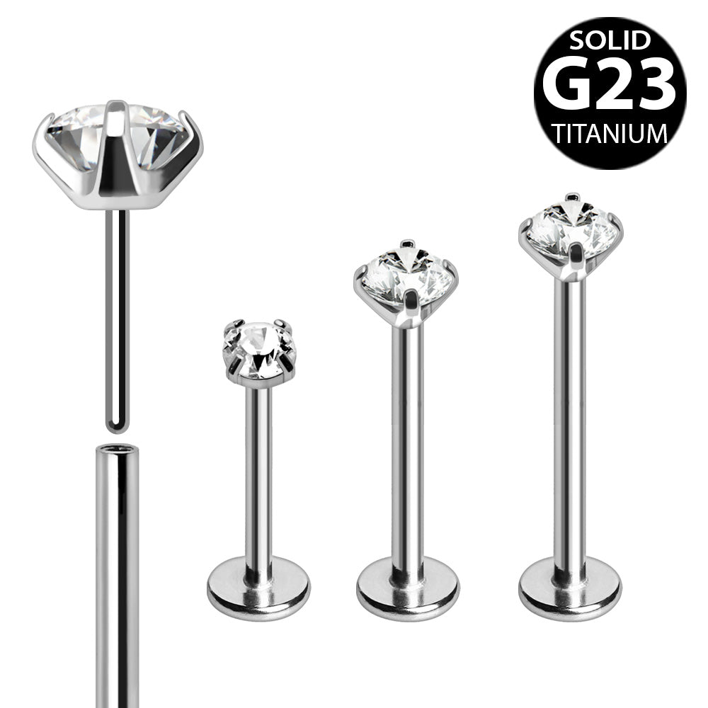 Titanium Push-In Labret with Clear Prong Set CZ Labret Skin Metals